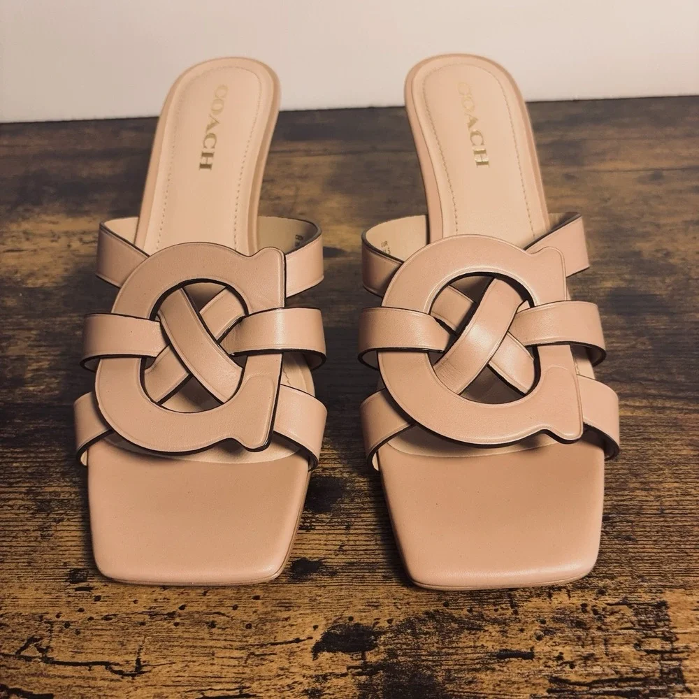 Coach Tillie Sandals Womens Sz 11B Tan Leather Signature "C" Kitten Heel - Picture 2 of 10